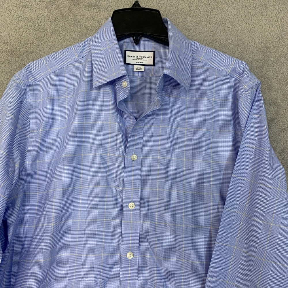 NWOT Charles Tyrwhitt Men's 16.5 Blue Cotton Plaid Slim Fit Dress Shirt - Picture 9 of 10